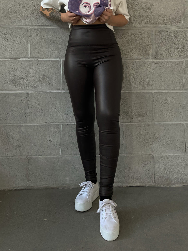 Split Vegan Leather Leggings - Black