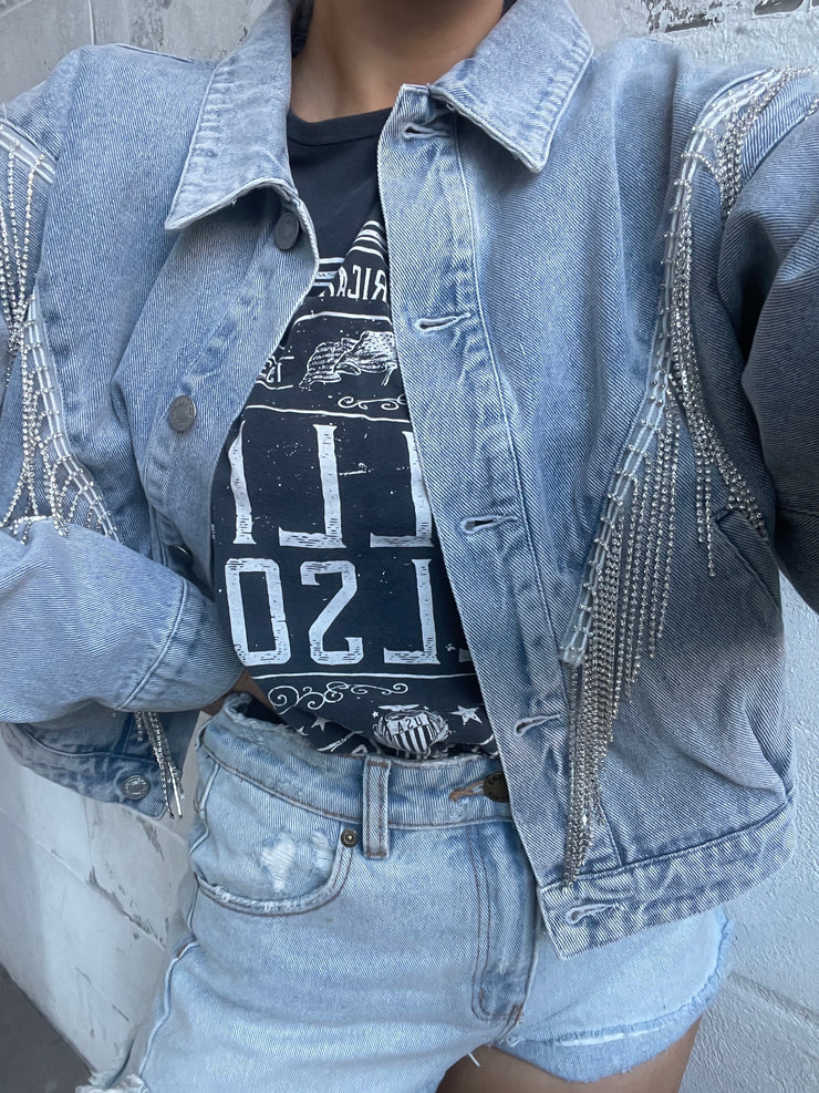 27 Denim Rhinestone Fringe Jacket